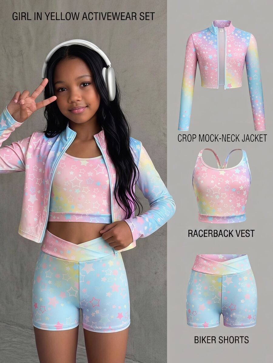 Kids Tween Girl Rainbow Printed Long Sleeve Mock Neck Zip-Up T-Shirt Camisole & Bike Shorts 3Pcs Set - Multicolor - View 1