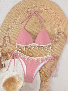 Swim Mod Conjunto de traje de baño de primavera con Top tipo halter con textura sólida y decoración de cuerda, y Bottom de triángulo con tiras laterales. Traje de baño para mujer para fiestas en la playa de verano - Rosa - Ver 1