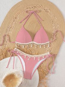 Swim Mod Conjunto de traje de baño de primavera con Top tipo halter con textura sólida y decoración de cuerda, y Bottom de triángulo con tiras laterales. Traje de baño para mujer para fiestas en la playa de verano - Rosa - Ver 4