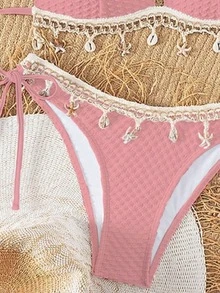 Swim Mod Conjunto de traje de baño de primavera con Top tipo halter con textura sólida y decoración de cuerda, y Bottom de triángulo con tiras laterales. Traje de baño para mujer para fiestas en la playa de verano - Rosa - Ver 3