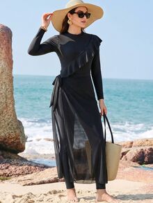 Swim Shayni Swim Modest Women Ruffle Long Sleeve Burkini Split Swim Dress With Belt - Black - View 3