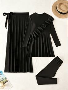Swim Shayni Swim Modest Women Ruffle Long Sleeve Burkini Split Swim Dress With Belt - Black - View 6