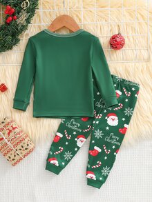 SHEIN 男嬰休閒簡約舒適貼身長袖圓領褲裝家居服，適合秋冬/聖誕節 - 綠色 - 查看 2