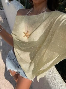 Sunnyshic 女款春夏休閒性感熱帶度假島嶼海灘不對稱肩寬鬆針織罩衫 淡黃色 - 淡黃色 - 查看 4