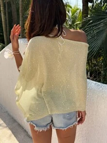 Sunnyshic 女款春夏休閒性感熱帶度假島嶼海灘不對稱肩寬鬆針織罩衫 淡黃色 - 淡黃色 - 查看 2