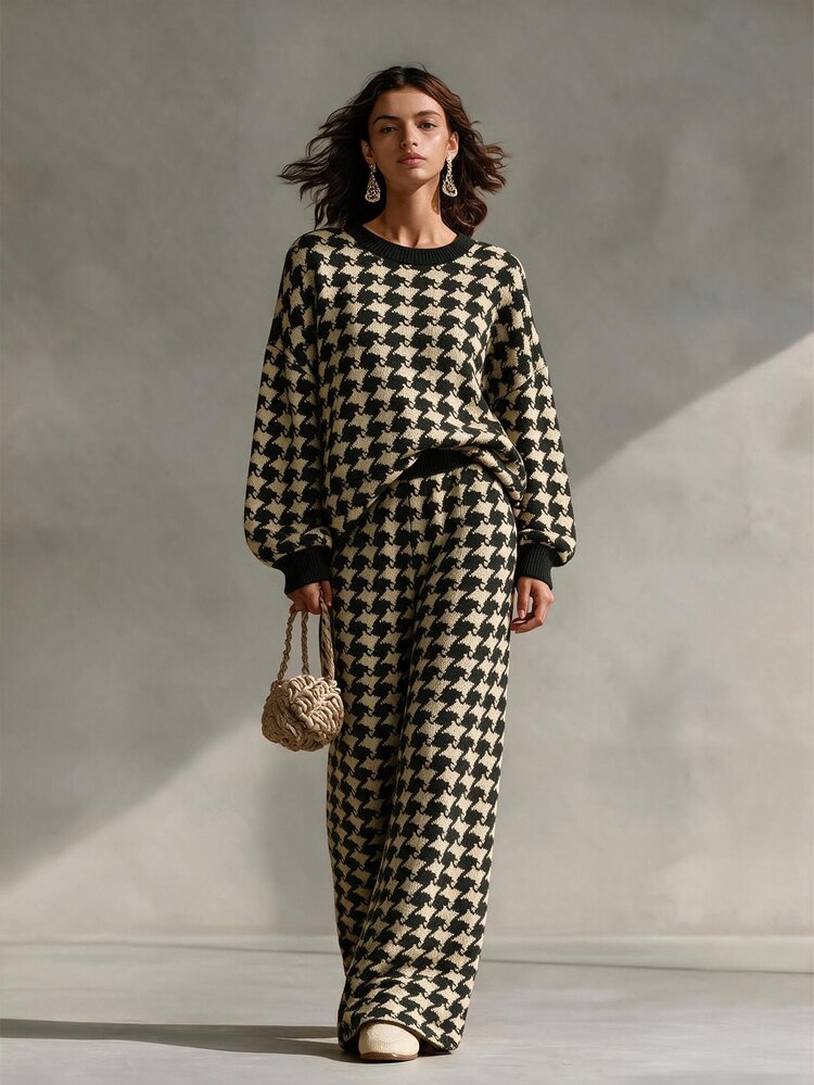 Louniche Setelan 2 Potong Sweater Wanita Lengan Panjang dan Leher Bulat Elegan - MultiWarna - View 1