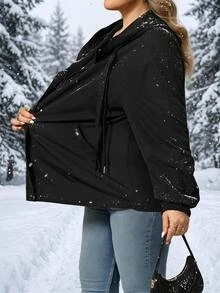 SHEIN CURVE+ Jaket Wanita Ukuran Besar Model Plus, Kancing & Resleting, Lengan Panjang, Saku, dan Berkerudung untuk Musim Gugur - Hitam - View 3