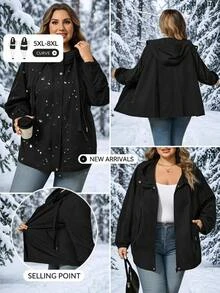 SHEIN CURVE+ Jaket Wanita Ukuran Besar Model Plus, Kancing & Resleting, Lengan Panjang, Saku, dan Berkerudung untuk Musim Gugur - Hitam - View 10