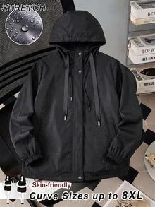 SHEIN CURVE+ Jaket Wanita Ukuran Besar Model Plus, Kancing & Resleting, Lengan Panjang, Saku, dan Berkerudung untuk Musim Gugur - Hitam - View 1