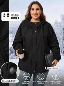 SHEIN CURVE+ Jaket Wanita Ukuran Besar Model Plus, Kancing & Resleting, Lengan Panjang, Saku, dan Berkerudung untuk Musim Gugur - Hitam - View 2