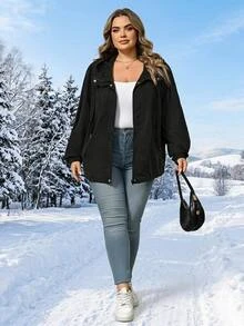SHEIN CURVE+ Jaket Wanita Ukuran Besar Model Plus, Kancing & Resleting, Lengan Panjang, Saku, dan Berkerudung untuk Musim Gugur - Hitam - View 6