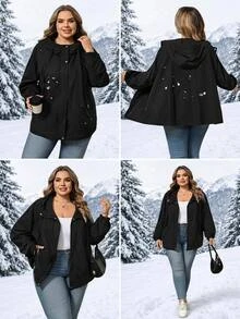 SHEIN CURVE+ Jaket Wanita Ukuran Besar Model Plus, Kancing & Resleting, Lengan Panjang, Saku, dan Berkerudung untuk Musim Gugur - Hitam - View 7