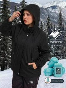 SHEIN CURVE+ Jaket Wanita Ukuran Besar Model Plus, Kancing & Resleting, Lengan Panjang, Saku, dan Berkerudung untuk Musim Gugur - Hitam - View 9