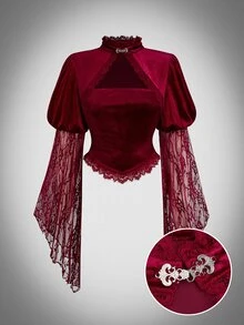 Sweetra Victorian French Court Vintage Light Punk Y2K Lace Embroidered Ruffle Stand Collar Halloween Cosplay Mix & Match Long Sleeve Plus Size Velvet T-Shirt Top - Burgundy - View 1