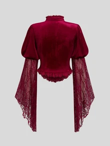 Sweetra Victorian French Court Vintage Light Punk Y2K Lace Embroidered Ruffle Stand Collar Halloween Cosplay Mix & Match Long Sleeve Plus Size Velvet T-Shirt Top - Burgundy - View 2