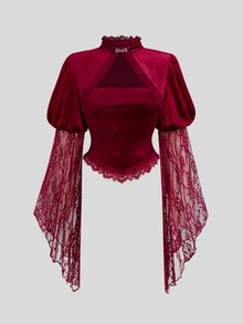 Sweetra Victorian French Court Vintage Light Punk Y2K Lace Embroidered Ruffle Stand Collar Halloween Cosplay Mix & Match Long Sleeve Plus Size Velvet T-Shirt Top - Burgundy - View 3