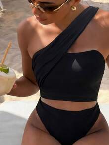 Swim Chiccia 女士纯色不对称肩吊带比基尼套装，夏季女士泳衣全包覆两件套 - 黑色 - 查看 1