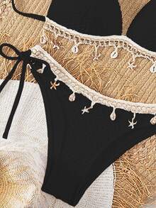 Swim Mod Springbreak Solid Color Textured Fabric Shell Trim Halter Neck Bikini Top And Triangle Tie Bottoms, Women Summer Beach Holiday Party Swimwear Set - Black - View 2