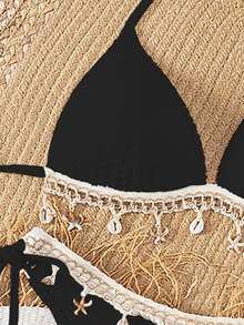 Swim Mod Springbreak Solid Color Textured Fabric Shell Trim Halter Neck Bikini Top And Triangle Tie Bottoms, Women Summer Beach Holiday Party Swimwear Set - Black - View 3