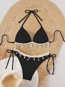 Swim Mod Springbreak Solid Color Textured Fabric Shell Trim Halter Neck Bikini Top And Triangle Tie Bottoms, Women Summer Beach Holiday Party Swimwear Set - Black - View 4