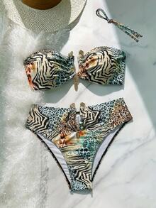SHEIN Swim 性感渐变色豹纹金色配饰两件套抹胸比基尼套装，夏日度假 - 彩色 - 查看 2