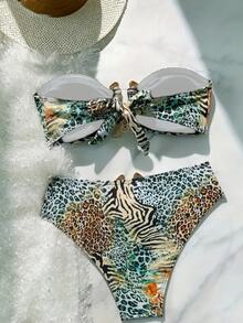 SHEIN Swim 性感渐变色豹纹金色配饰两件套抹胸比基尼套装，夏日度假 - 彩色 - 查看 4