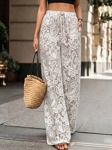 Breezaya 時尚高端彈性低腰條紋休閒優雅長褲，女款春夏寬腿褲，度假、Y2K、白色、派對 - 杏色 - 查看 6