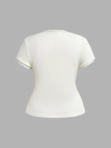 SHEIN MOD Plus Size Women's White Ribbed Knit Lace Trim Cap Sleeve Button Front Peplum Top,High Stretch Slim Fit Elegant Summer/Fall T-Shir Y2k Cute Tops - White - View 2