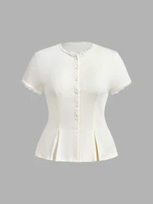 SHEIN MOD Plus Size Women's White Ribbed Knit Lace Trim Cap Sleeve Button Front Peplum Top,High Stretch Slim Fit Elegant Summer/Fall T-Shir Y2k Cute Tops - White - View 3