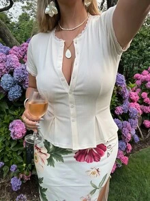 SHEIN MOD Plus Size Women's White Ribbed Knit Lace Trim Cap Sleeve Button Front Peplum Top,High Stretch Slim Fit Elegant Summer/Fall T-Shir Y2k Cute Tops - White - View 5