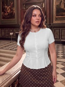 SHEIN MOD Plus Size Women's White Ribbed Knit Lace Trim Cap Sleeve Button Front Peplum Top,High Stretch Slim Fit Elegant Summer/Fall T-Shir Y2k Cute Tops - White - View 10