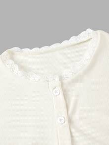 SHEIN MOD Plus Size Women's White Ribbed Knit Lace Trim Cap Sleeve Button Front Peplum Top,High Stretch Slim Fit Elegant Summer/Fall T-Shir Y2k Cute Tops - White - View 4