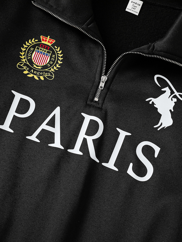 SHEIN Vacaura Teen Boy Paris Slogan Horse Graphic Half Zip Sweatshirt, Black Preppy Style Varsity Pullover For Autumn Winter, Fall - Black - View 3