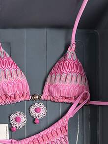 Swim Mod Women's 26SS Spring/Summer New Crochet Texture Fabric Metal Decor V-Neck Backless Triangle Wrap Strap Bikini Swimwear 2-Piece Set - Pink - View 4