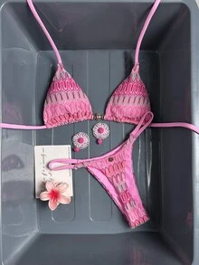 Swim Mod Women's 26SS Spring/Summer New Crochet Texture Fabric Metal Decor V-Neck Backless Triangle Wrap Strap Bikini Swimwear 2-Piece Set - Pink - View 2