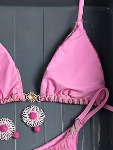 Swim Mod Women's 26SS Spring/Summer New Crochet Texture Fabric Metal Decor V-Neck Backless Triangle Wrap Strap Bikini Swimwear 2-Piece Set - Pink - View 7