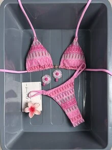 Swim Mod Women's 26SS Spring/Summer New Crochet Texture Fabric Metal Decor V-Neck Backless Triangle Wrap Strap Bikini Swimwear 2-Piece Set - Pink - View 3