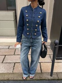 Poéselle 女款鉚釘裝飾休閒復古學院風優雅百搭牛仔夾克，深藍色，適合秋季日常穿著、辦公與半正式場合 - 深色水洗藍 - 查看 6