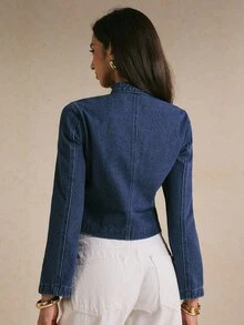 Poéselle 女款鉚釘裝飾休閒復古學院風優雅百搭牛仔夾克，深藍色，適合秋季日常穿著、辦公與半正式場合 - 深色水洗藍 - 查看 3