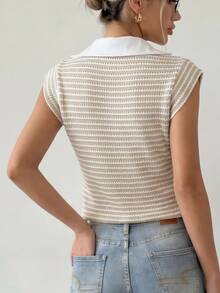 Ritzy Row Striped Apricot Deep V Neck T Shirt For Women Knitted Fabric Semi Sheer Casual Short Sleeve Regular Length - Apricot - View 5