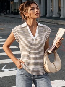 Ritzy Row Striped Apricot Deep V Neck T Shirt For Women Knitted Fabric Semi Sheer Casual Short Sleeve Regular Length - Apricot - View 2