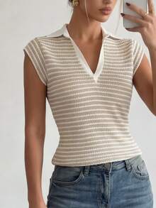 Ritzy Row Striped Apricot Deep V Neck T Shirt For Women Knitted Fabric Semi Sheer Casual Short Sleeve Regular Length - Apricot - View 6