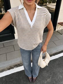 Ritzy Row Striped Apricot Deep V Neck T Shirt For Women Knitted Fabric Semi Sheer Casual Short Sleeve Regular Length - Apricot - View 1