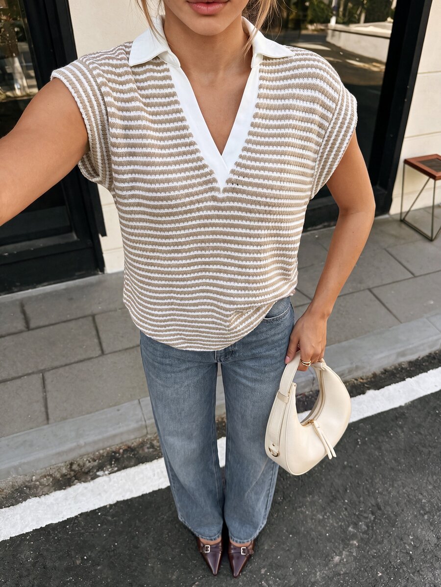 Ritzy Row Striped Apricot Deep V Neck T Shirt For Women Knitted Fabric Semi Sheer Casual Short Sleeve Regular Length - Apricot - View 1
