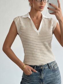 Ritzy Row Striped Apricot Deep V Neck T Shirt For Women Knitted Fabric Semi Sheer Casual Short Sleeve Regular Length - Apricot - View 4