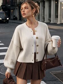 Ritzy Row White Chic Autumn Brunch Women's Casual Ribbed Sweaters,Loose-Fitting Khaki Batwing Lantern Sleeve Warm Sweater,Fashionable Versatile Top - Khaki - View 1