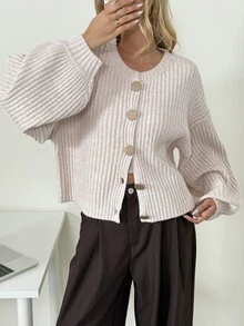 Ritzy Row White Chic Autumn Brunch Women's Casual Ribbed Sweaters,Loose-Fitting Khaki Batwing Lantern Sleeve Warm Sweater,Fashionable Versatile Top - Khaki - View 6