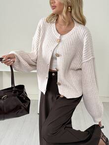 Ritzy Row White Chic Autumn Brunch Women's Casual Ribbed Sweaters,Loose-Fitting Khaki Batwing Lantern Sleeve Warm Sweater,Fashionable Versatile Top - Khaki - View 7