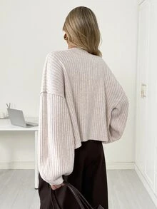 Ritzy Row White Chic Autumn Brunch Women's Casual Ribbed Sweaters,Loose-Fitting Khaki Batwing Lantern Sleeve Warm Sweater,Fashionable Versatile Top - Khaki - View 5