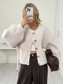 Ritzy Row White Chic Autumn Brunch Women's Casual Ribbed Sweaters,Loose-Fitting Khaki Batwing Lantern Sleeve Warm Sweater,Fashionable Versatile Top - Khaki - View 4